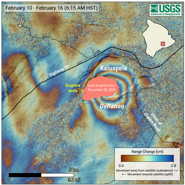 Color annotated satellite image showing ground deformation at summit of volcano