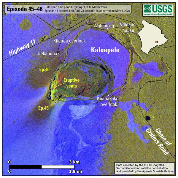 Color map showing areas at the summit of a volcano that were affected by fallout during an eruption