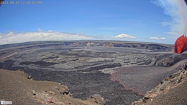 Color webcam image of lava fountain erupting in volcanic crater