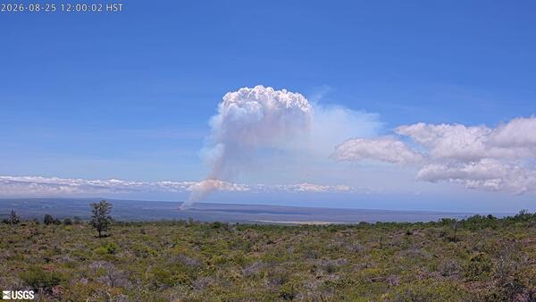 Color webcam image of a volcanic plume rising above an eruption site