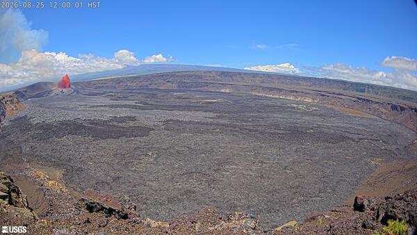 Color webcam image of lava fountain erupting within a volcanic crater