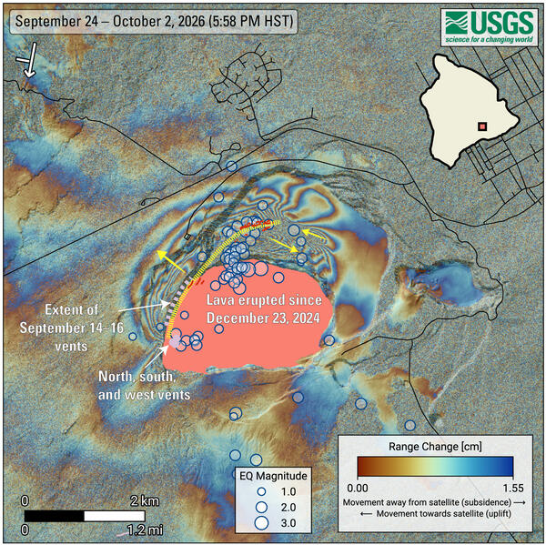 Color graphic showing ground deformation and earthquakes on a volcano