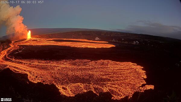 Color photograph of lava fountain and lava flows