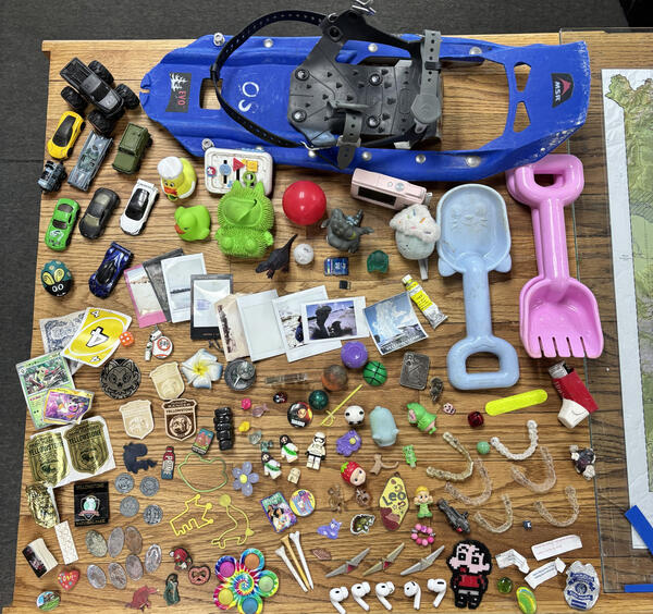 Random assorted children's toys, along with a few retainers and airpods, laid out on a wooden table