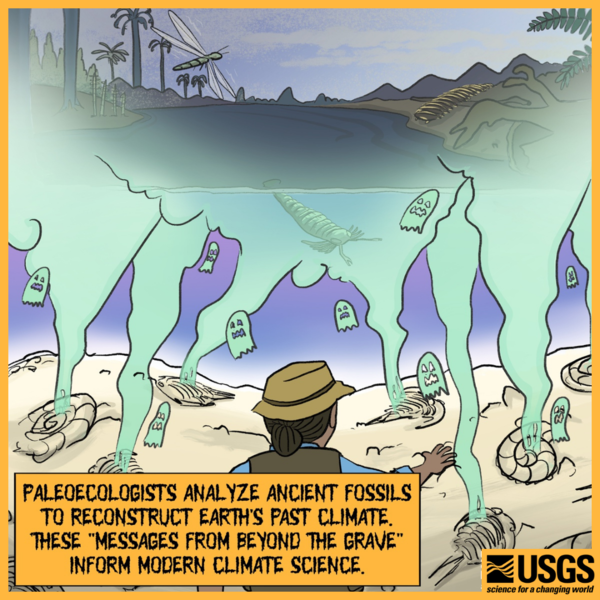 An illustration of a scientist watching spirits leave fossils and form an image of an ancient landscape.
