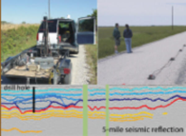 Image of a vehicle with geophysical equipment on a trailer behind; image of two people standing on a road; graphic of signals