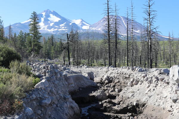 A rocky, steep-sized mountain creek is bordered by dead pine trees and sagebrush. In the distance, a two-peaked volcano scattered with snow rises high above the forested landscape.