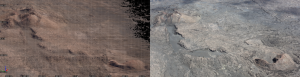 Color photograph of lidar point cloud and photograph of volcanic cone