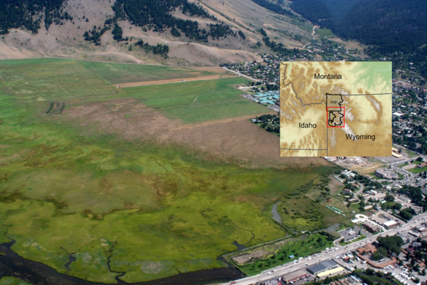 Aerial view of the National Elk Refuge  with Inset Map of Montana, Idaho, and Wyoming