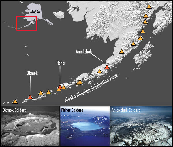 Map of Alaska with volcanoes and calderas indicated, and photos of three Alaska calderas on the bottom