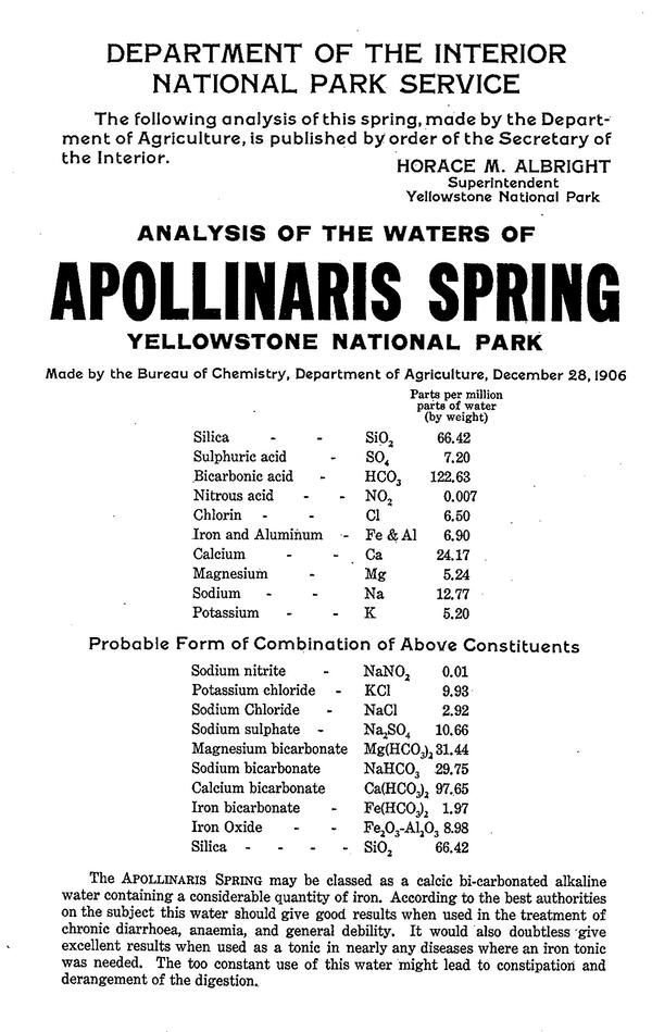 Reproduction of a poster showing chemical contents of water from Apollinaris Spring