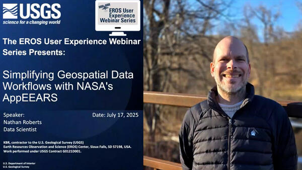 A man's portrait, of him standing outdoors in front of leafless trees, side by side with a title slide