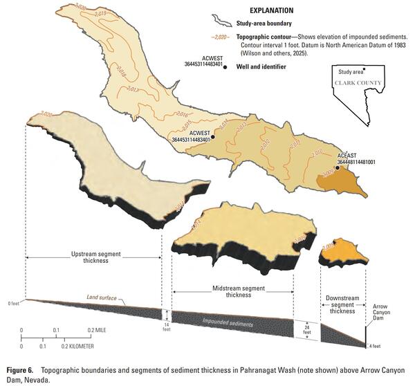 Figure showing study area boundary and 3D breakout with sediment thickness in Pahranagat Wash.