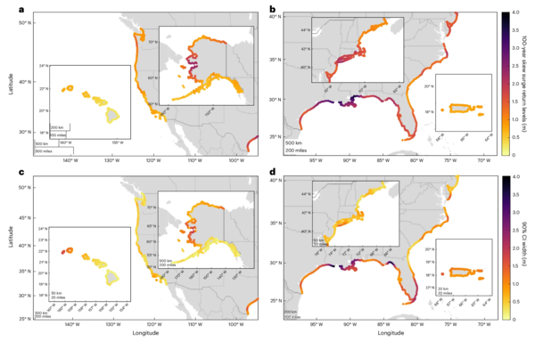 Predictions of 100-year storm surge return levels and associated 90% credible interval widths for the entire US coastline