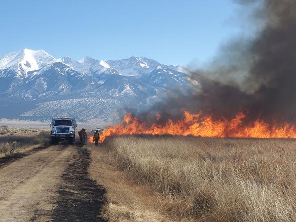 People standing near a fire, white truck, and snow-capped mountains in the background 
