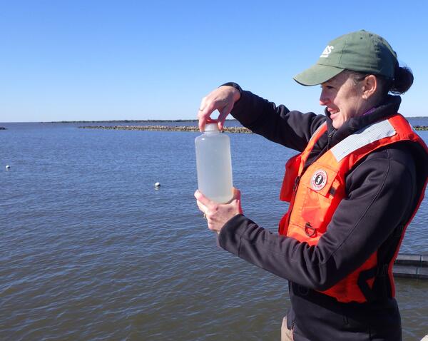 A scientist hold a bottle of water containing a surface water sample to estimate phytoplankton biomass