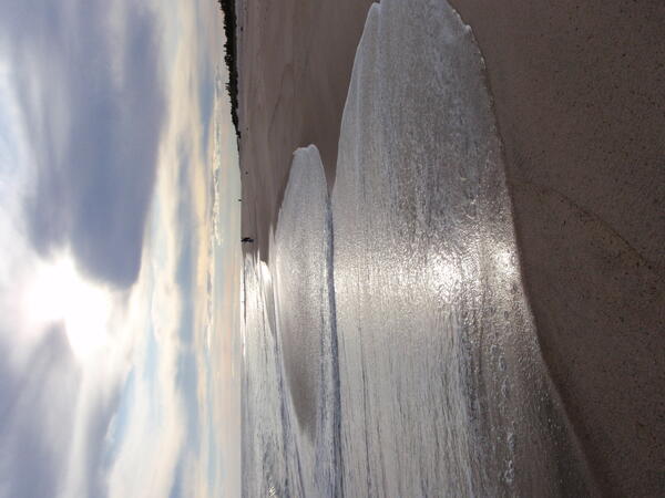 Ocean waves flow onto a wide sandy beach with a dark treeline in the distance, on a cloudy day