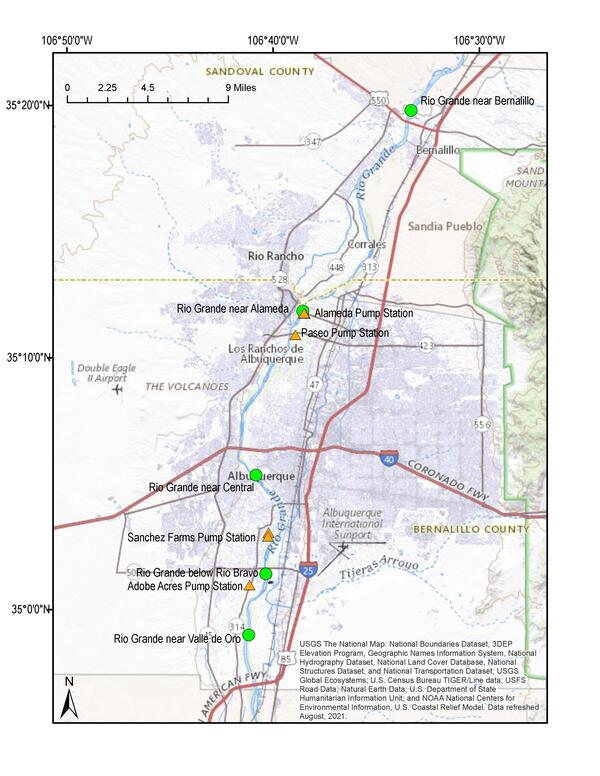 Study site area of pump stations centered around Albuquerque, New Mexico