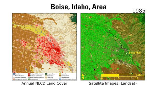 Two animations, side by side, with different color schemes but showing the same landscape area