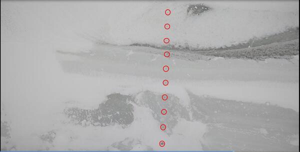 Looking down on the frozen Delaware River with red highlights shoeing the measurement sites in the ice