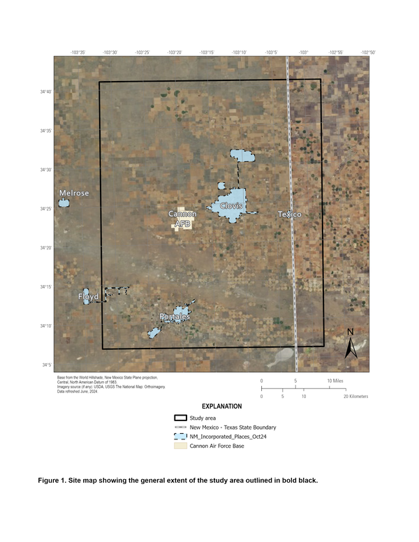 A rectangular study area over eastern New Mexico and extending into western Texas