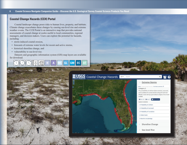 Coastal Change Hazards Portal page, includes text on product and screenshot of portal interface. Background is sandy beach.