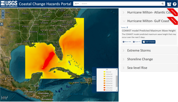 Map showing mostly yellow in Gulf and Atlantic coast with significant red stripe