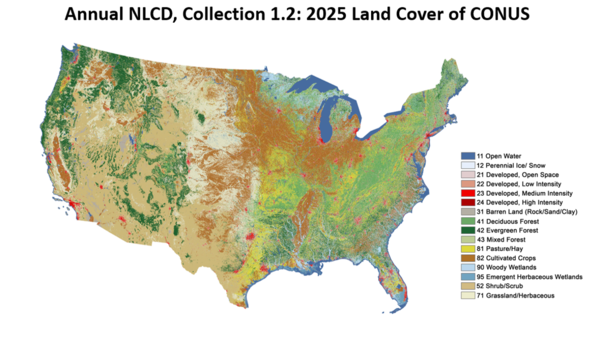 A map of the United States with shades of browns, greens and blues and small splotches of reds