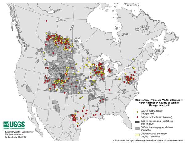 Distribution of Chronic Wasting Disease in North America from 2000 through July 2025.