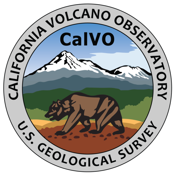 A stylized circular logo reads "California Volcano Observatory U.S. Geological Survey" in black on gray font with a central vector image of a brown bear in profile on red ground. Green forests are visible in the mid ground and the two peaks of Mount Shasta and Shastina are shown in the distance.