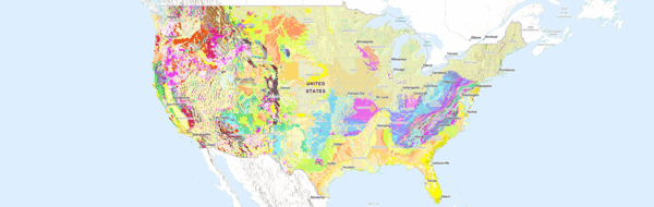 An animated image of different multi-colored geologic maps of the nation fading in and out. 