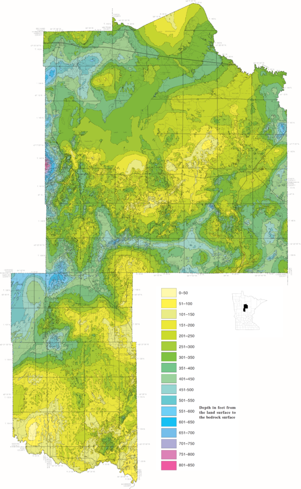 Map in colors ranging from yellow to green to blue to pink depicting increasing depth to bedrock within Cass County, Minnesota. 