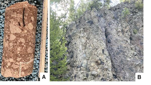 Photos of flow breccia in Central Plateau Member rhyolites in Yellowstone National Park
