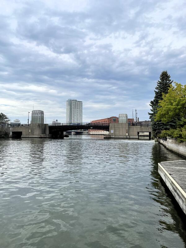  A bridge crosses an urban river