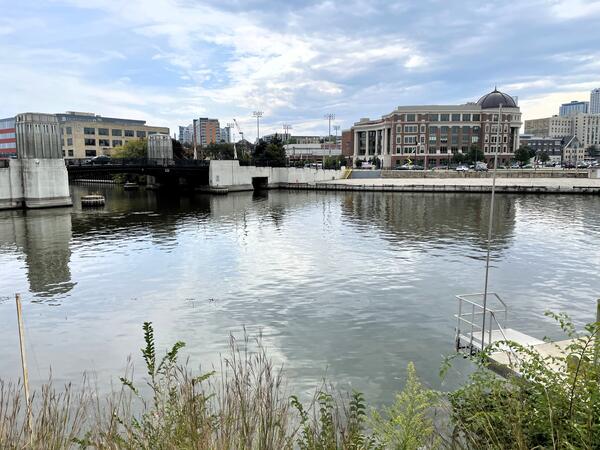 View of bridge over urban river
