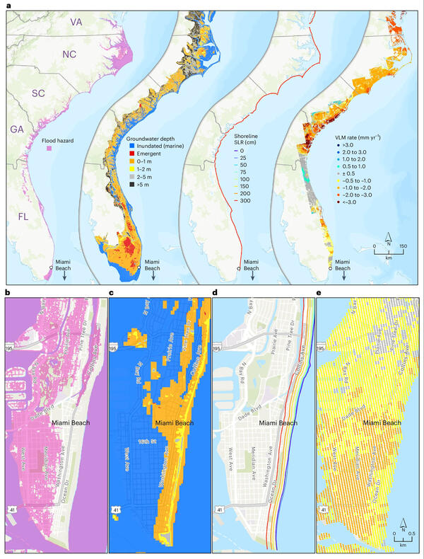 Map showing coastal hazard exposure across SE Atlantic coast of US, with inset focusing on Miami Beach, FL