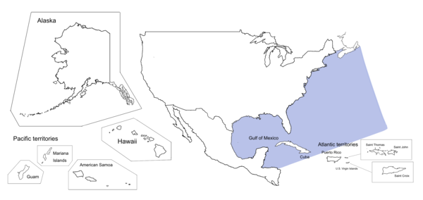 An illustrated map displaying the COAWST Modeling System product coverage along the U.S. East Coast and the Gulf of America.