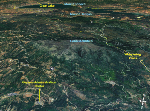An oblique map view of Cobb Mountain and surrounding landscape, featuring Clear Lake, Mount Konocti, and The Geysers