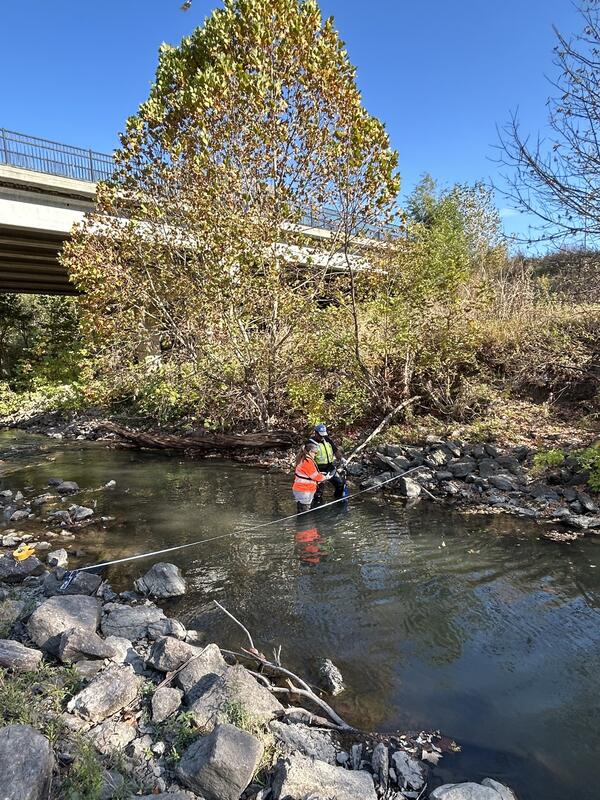Two scientists collecting field parameter data as part of a water-quality cross section study