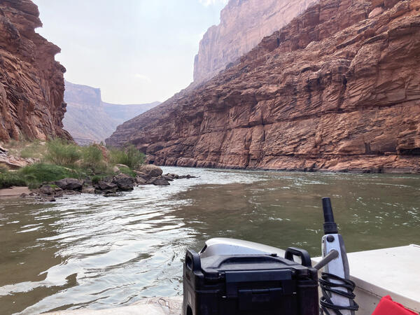 A motorboat travels downstream on the Colorado River with red canyon walls alongside the river in Grand Canyon