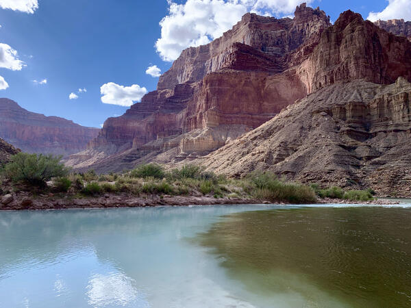 Water at a confluence of two rivers mix, one light blue, the other brown with sediment, flowing through Grand Canyon