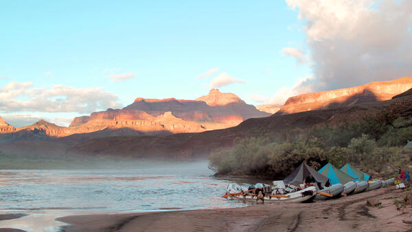 Boats along a beach on the Colorado River in Grand Canyon