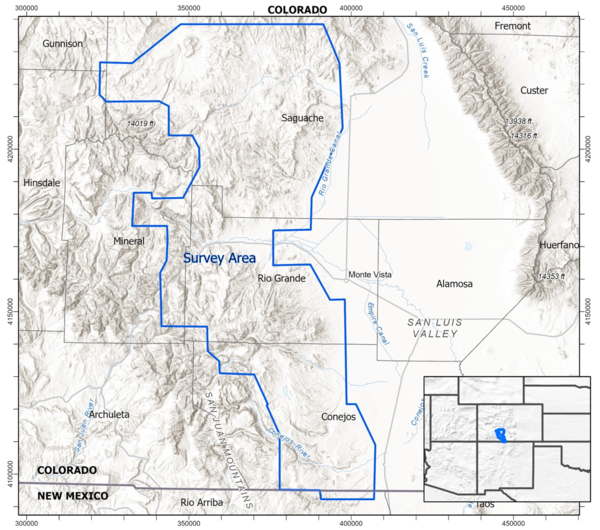 A map showing the area in southern Colorado the aerial survey will take place close to the New Mexico border