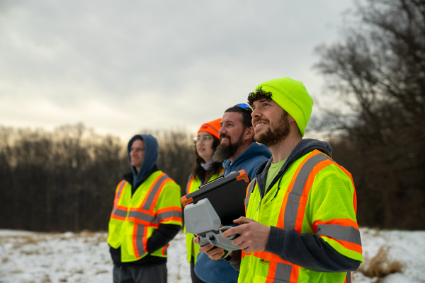 Four hydrologic technicians watch a small drone in the air (drone not in camera).
