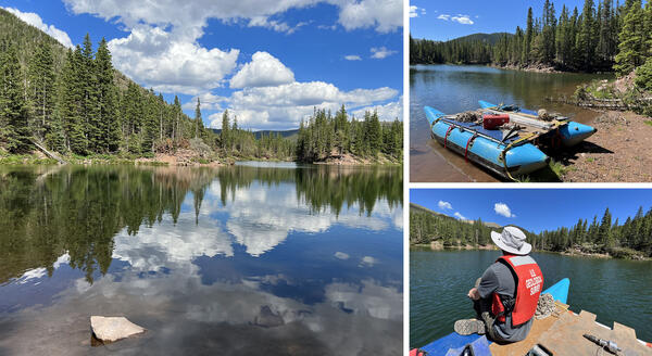 Doing USGS fieldwork at Bear Lake, CO showing location, raft, and personnel