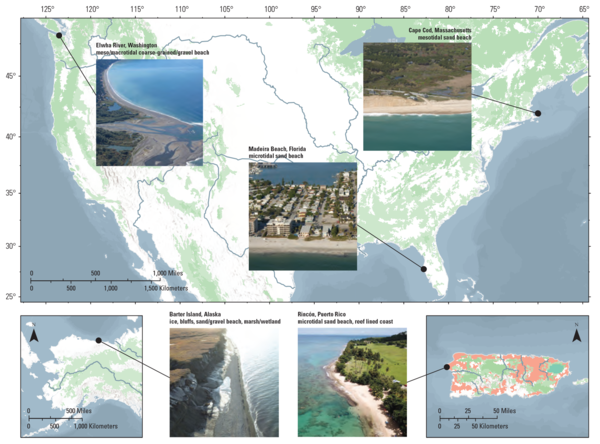 Maps of five study sites spread across the conterminous United States, Alaska, and the Island of Puerto Rico