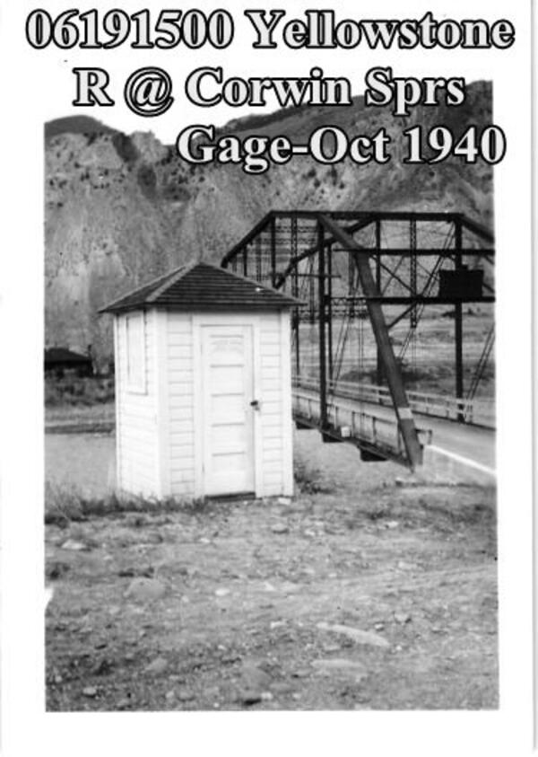 A black and white image of the gage station at Corwin Springs on the Yellowstone River in Oct 1940