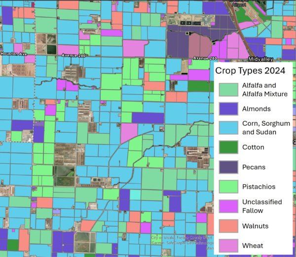 A map with fields designated by different colors ranging from blues and greens to purple and orange
