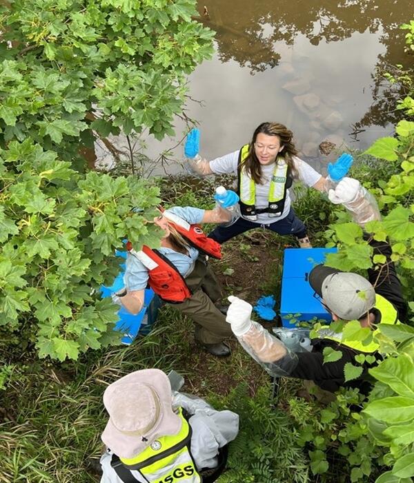 Four scientists in water and collection gear hold their hands out as a drone shoots the scene from above