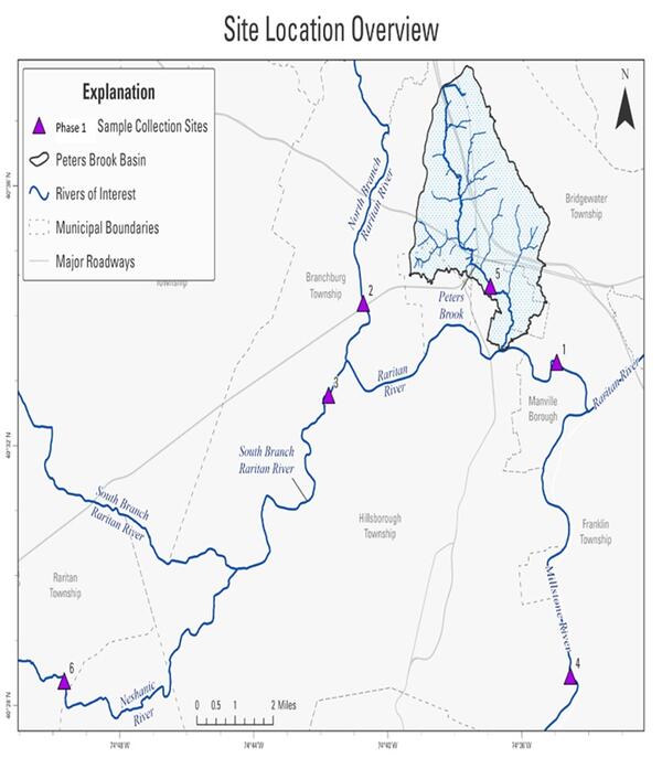 Map depicting the major rivers in the Rartian Study are with an overlay of site locations